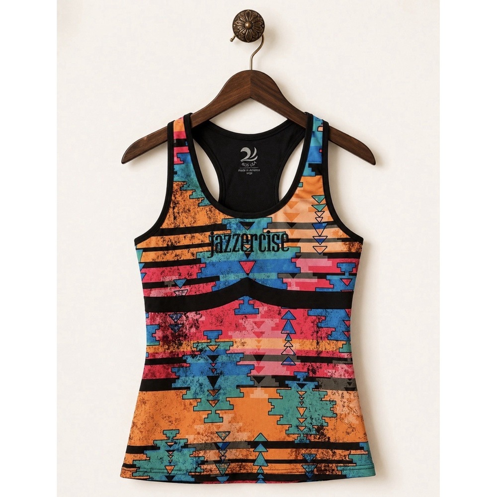KOS USA Jazzercise Multicolor Geometric Racerback Tank Top Large 7995-JAZZ